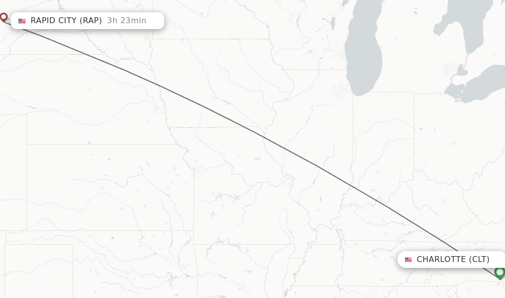 Flights from Charlotte to Rapid City route map