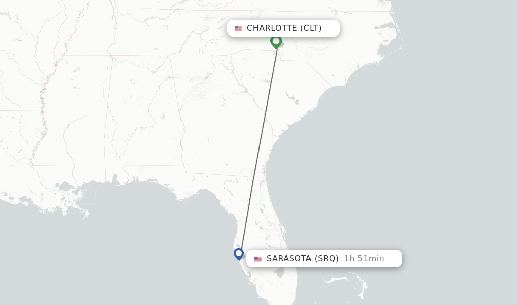 Flights from Charlotte to Sarasota route map