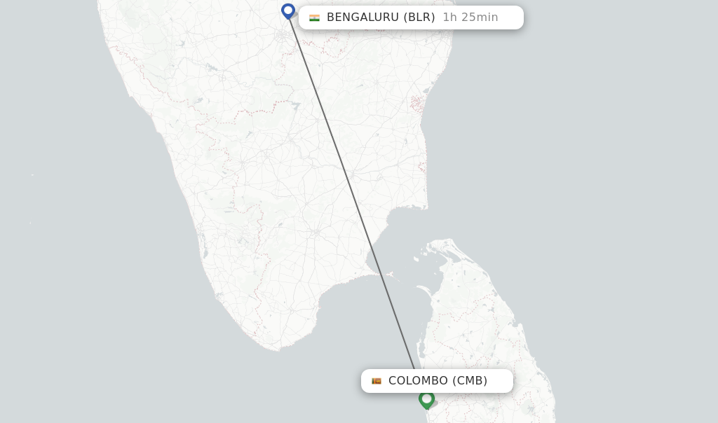 Flights from Colombo to Bengaluru route map