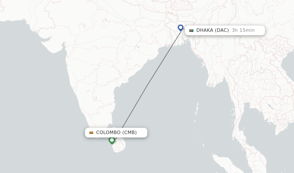 Flights from Colombo to Dhaka route map