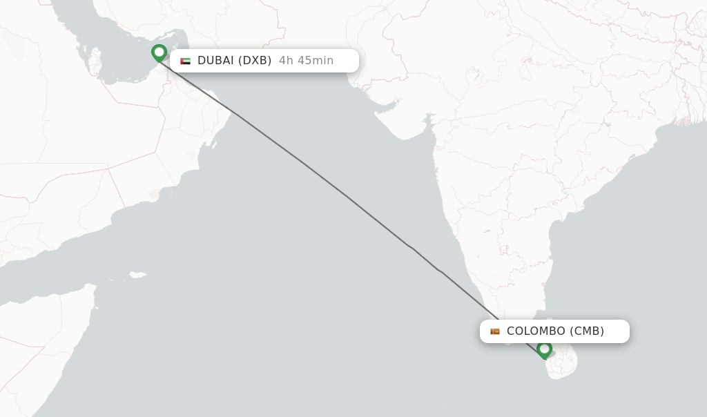 Flights from Colombo to Dubai route map