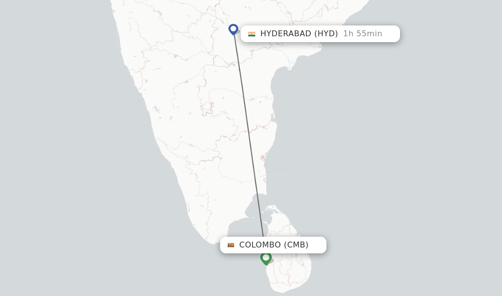 Flights from Colombo to Hyderabad route map