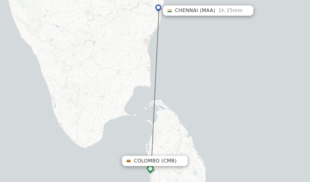 Flights from Colombo to Chennai route map