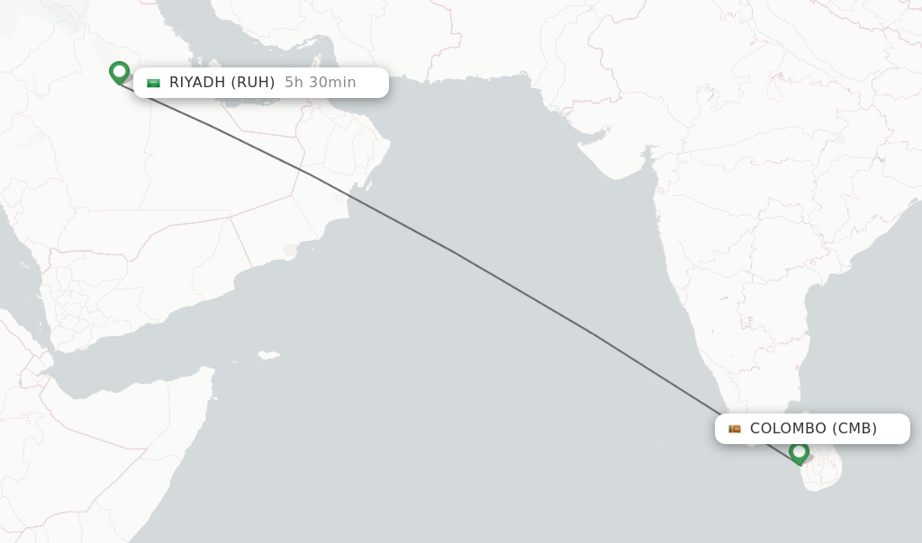 Flights from Colombo to Riyadh route map