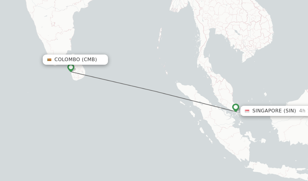 Flights from Colombo to Singapore route map