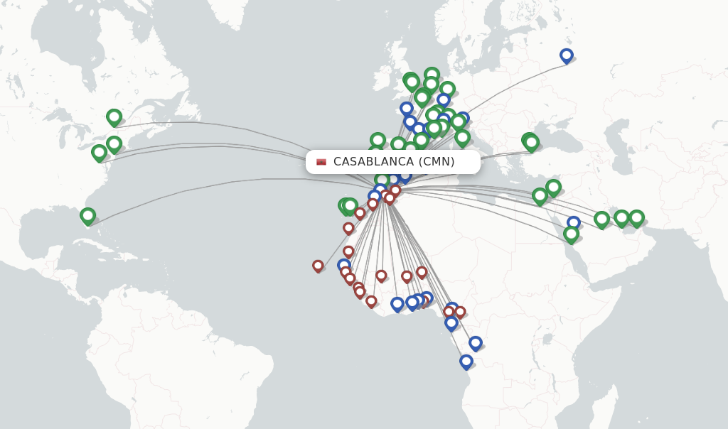Route map with flights from Casablanca with Royal Air Maroc