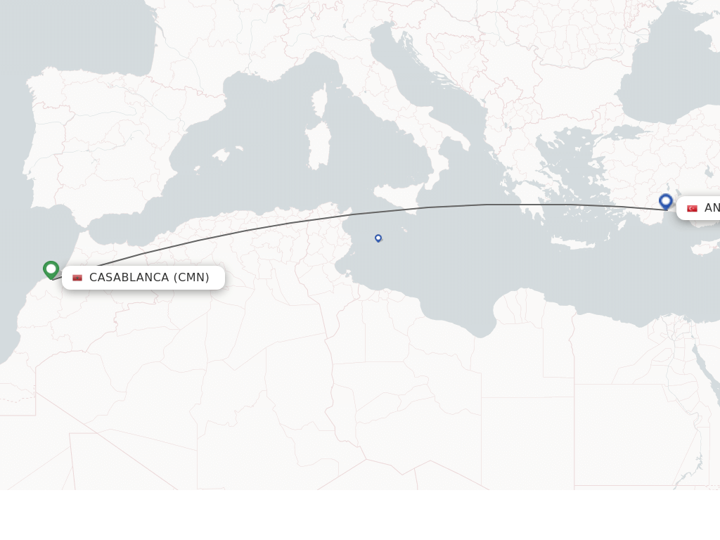 Flights from Casablanca to Antalya route map