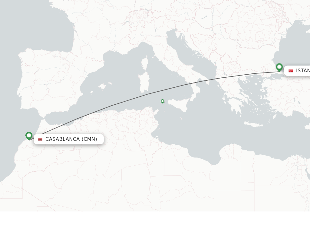 Flights from Casablanca to Istanbul route map