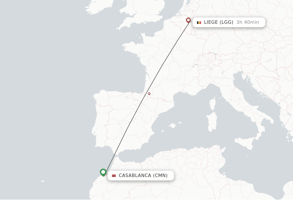 Flights from Casablanca to Liege route map