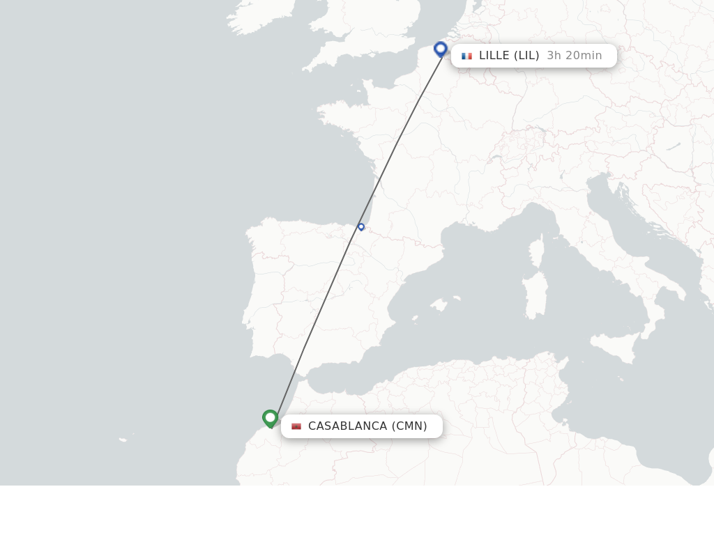 Flights from Casablanca to Lille route map