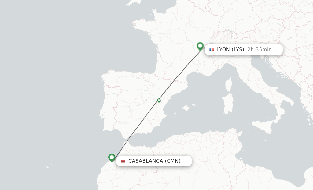 Flights from Casablanca to Lyon route map
