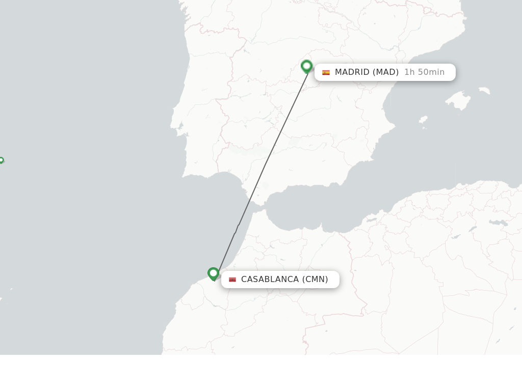 Flights from Casablanca to Madrid route map