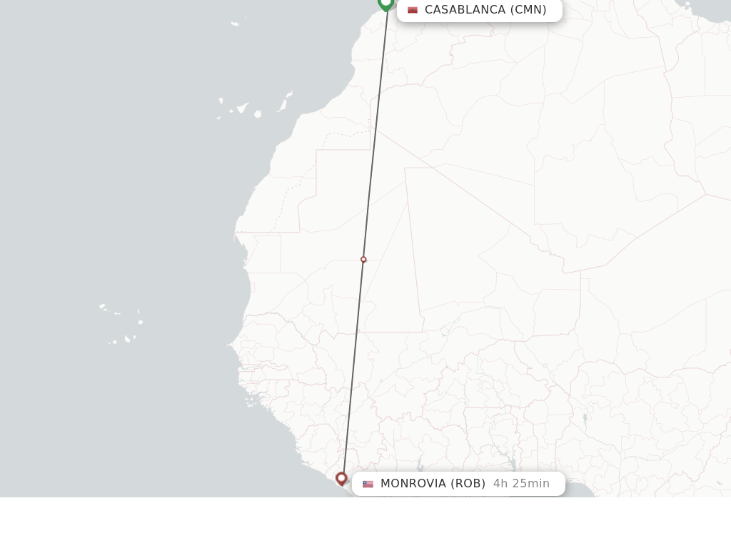Flights from Casablanca to Monrovia route map