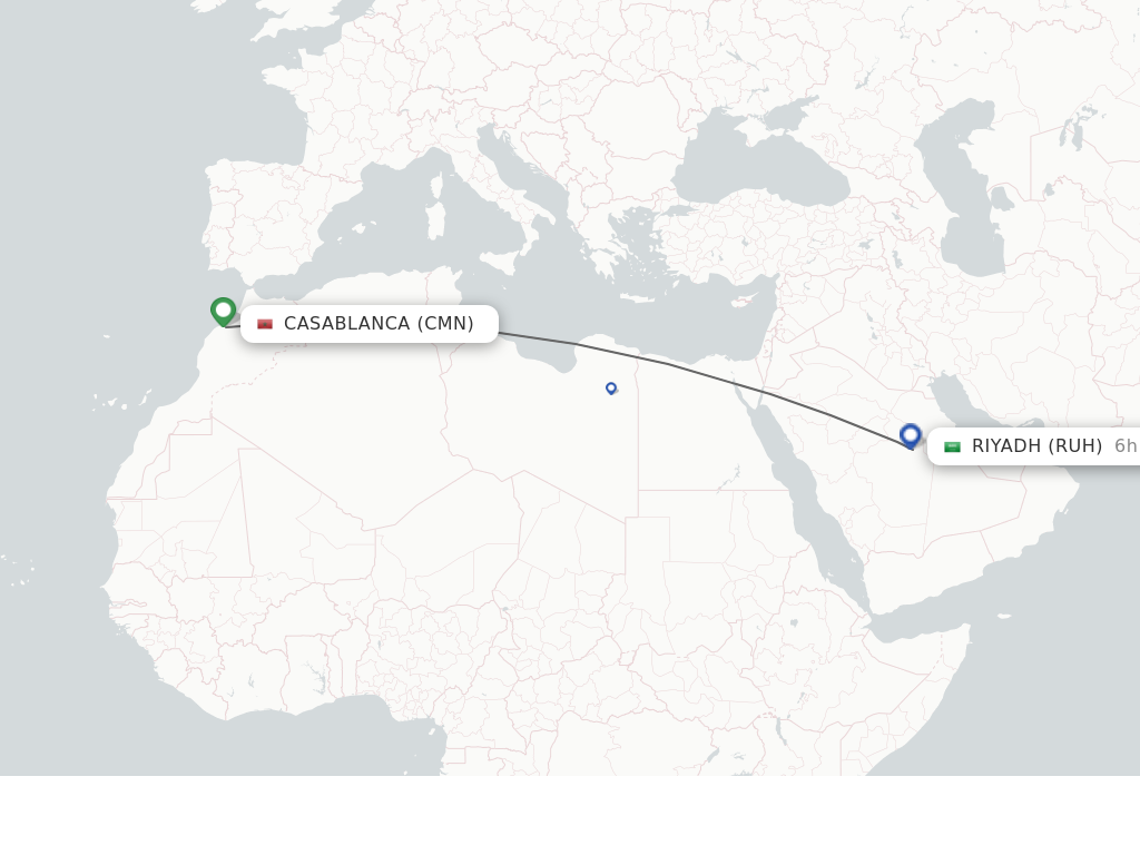 Flights from Casablanca to Riyadh route map