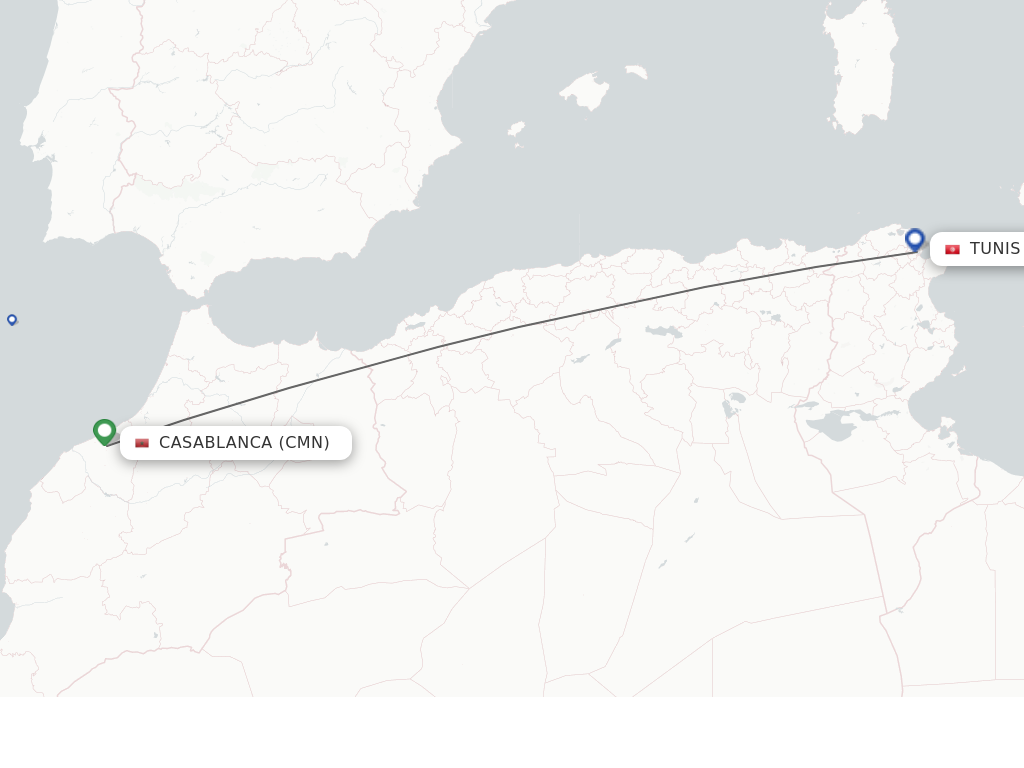Flights from Casablanca to Tunis route map