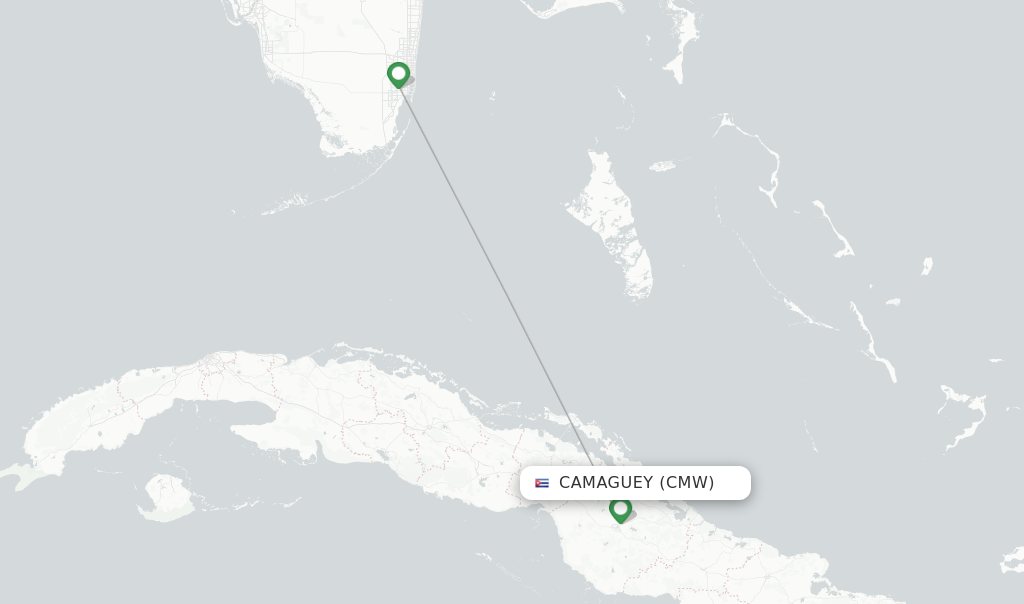 Route map with flights from Camaguey with American Airlines