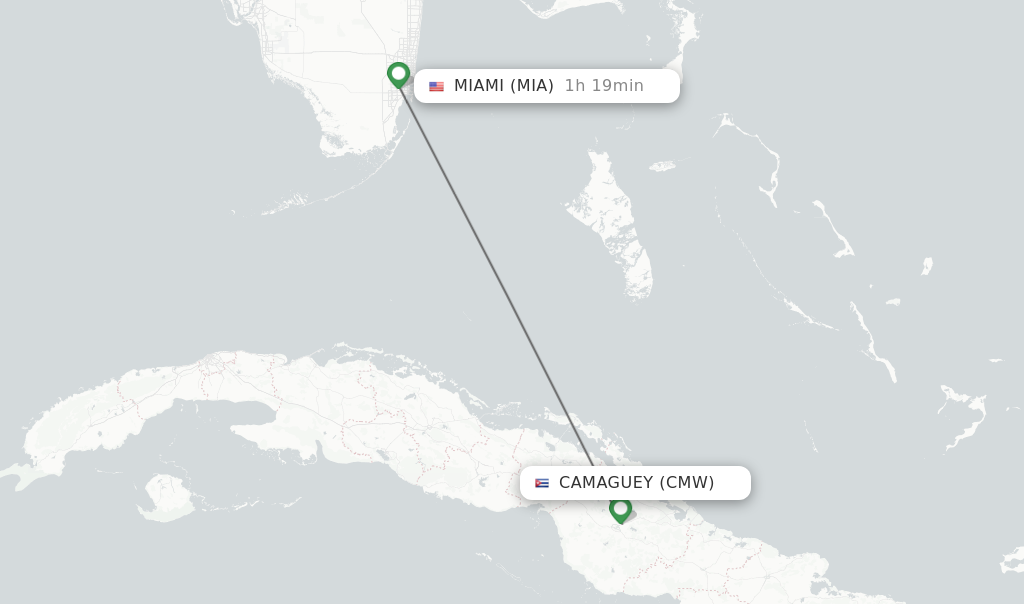Flights from Camaguey to Miami route map