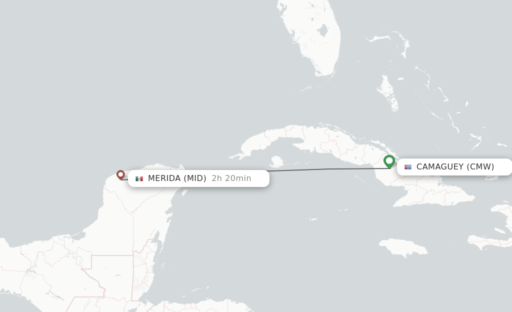 Flights from Camaguey to Merida route map