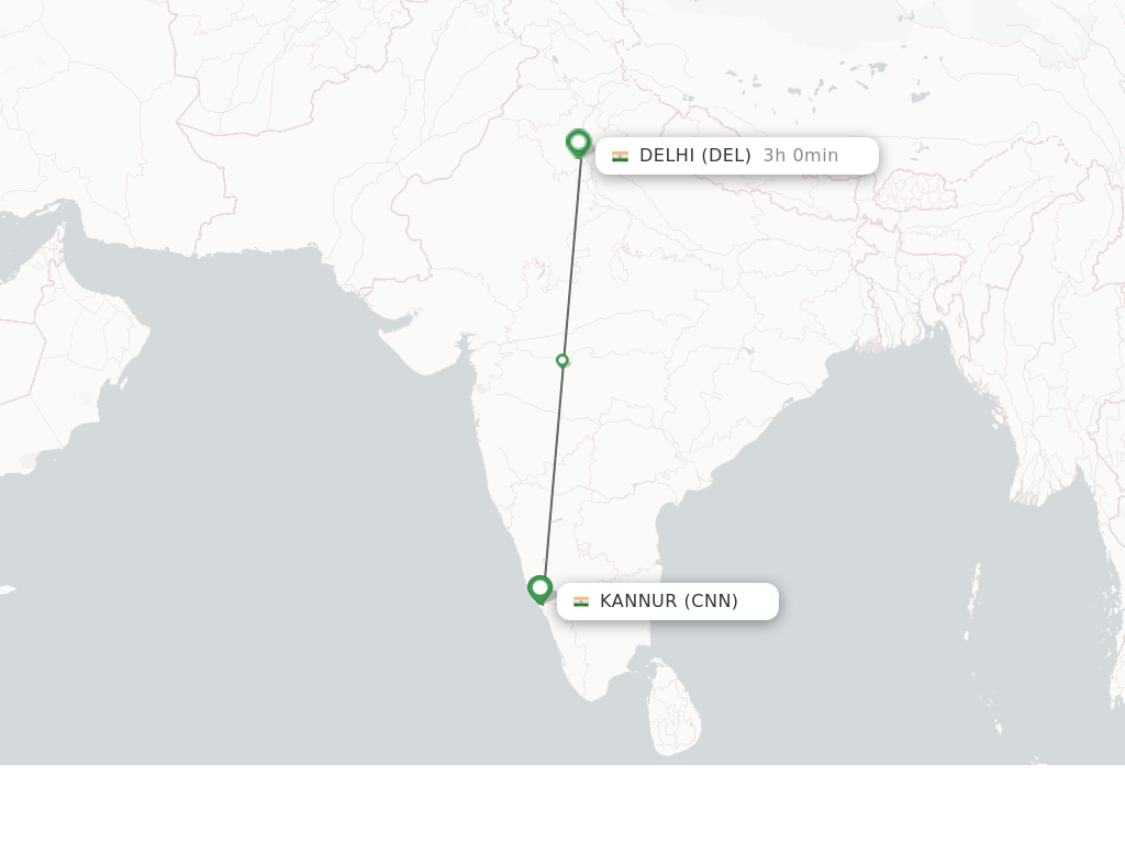 Flights from Kannur to Delhi route map