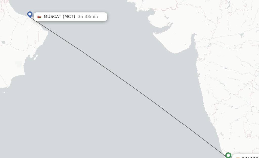 Flights from Kannur to Muscat route map