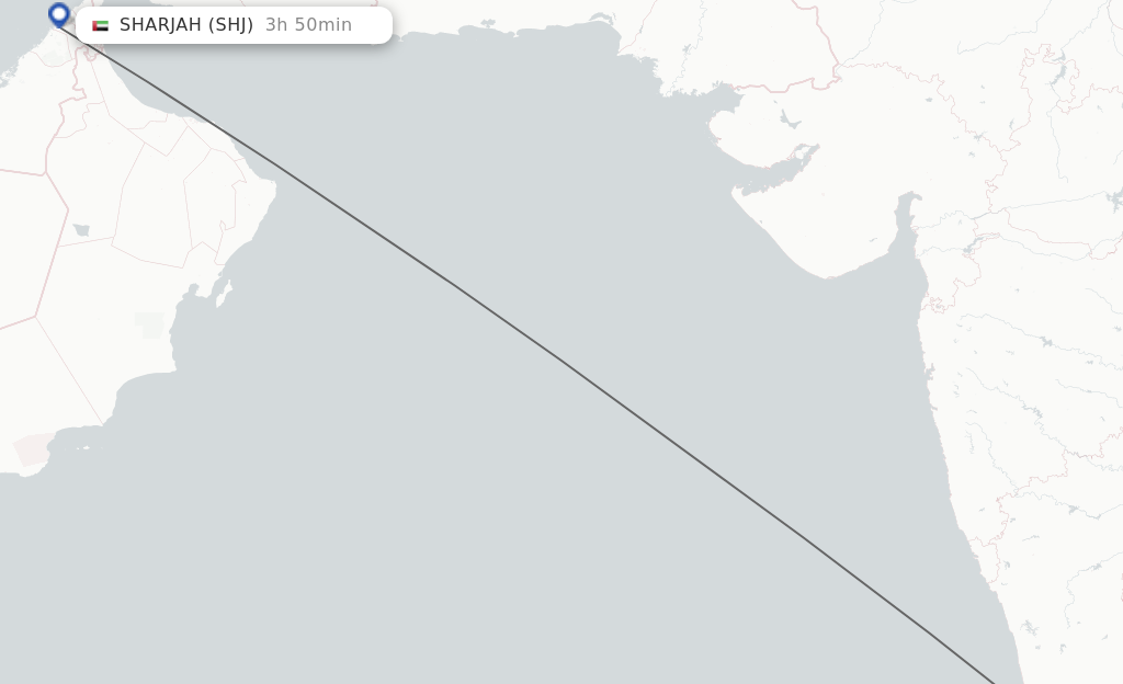 Flights from Kannur to Sharjah route map