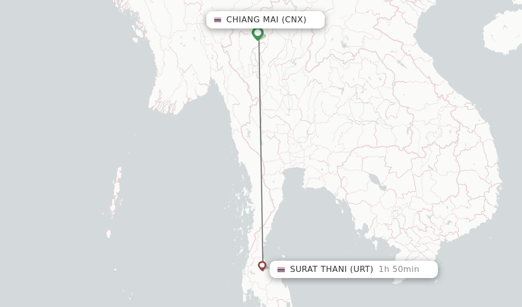 Flights from Chiang Mai to Surat Thani route map