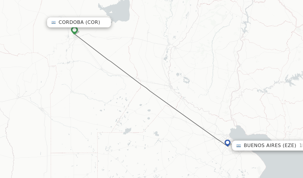 Flights from Cordoba to Buenos Aires route map