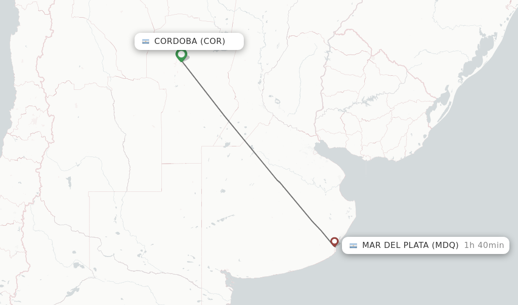 Flights from Cordoba to Mar Del Plata route map