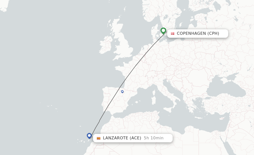 Flights from Copenhagen to Lanzarote route map