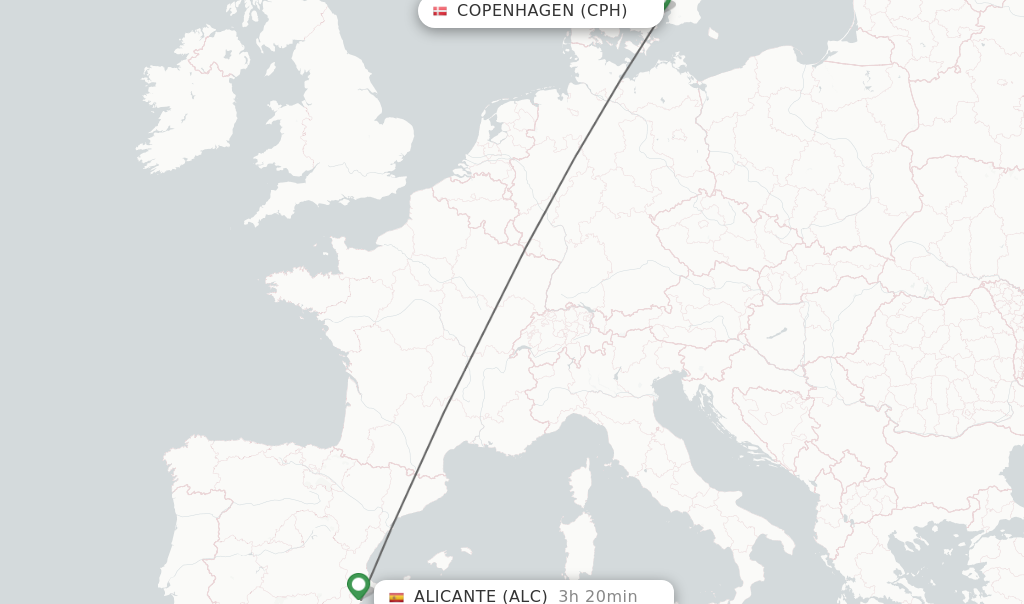 Flights from Copenhagen to Alicante route map