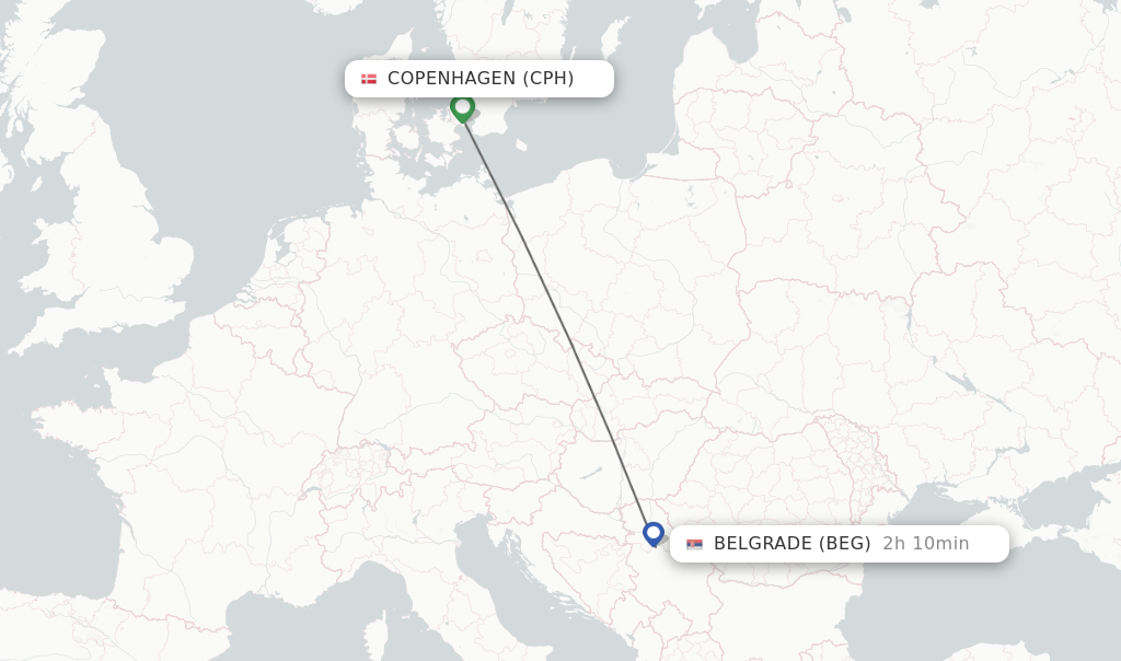 Flights from Copenhagen to Belgrade route map