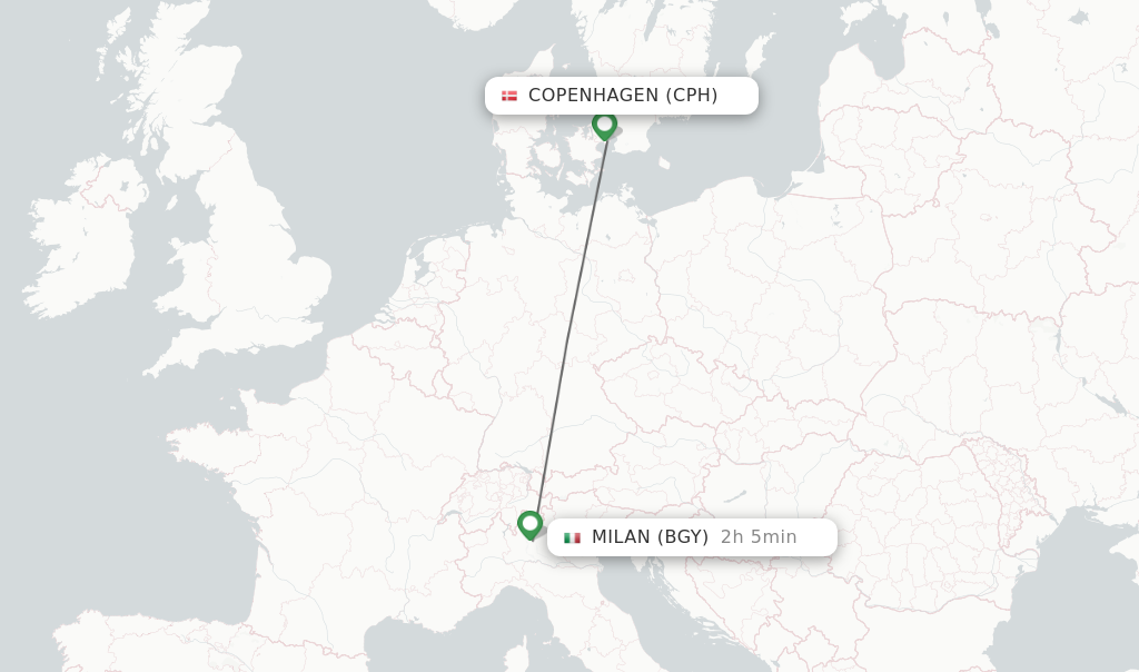 Flights from Copenhagen to Milan route map