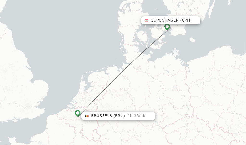 Flights from Copenhagen to Brussels route map