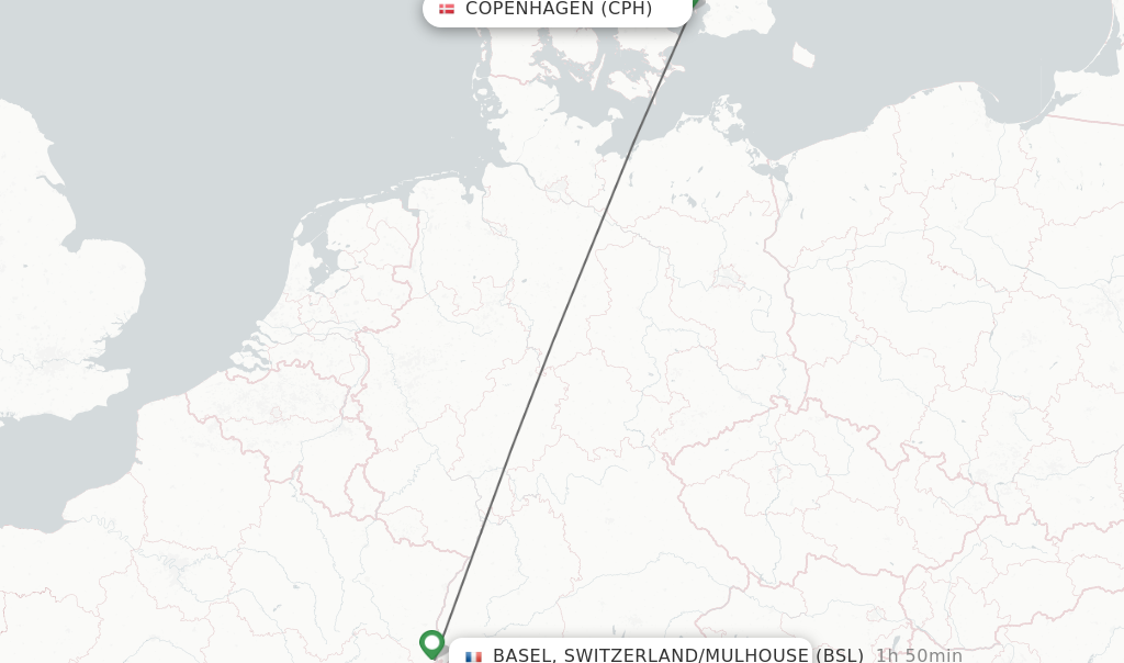 Flights from Copenhagen to Basel, Switzerland/Mulhouse route map