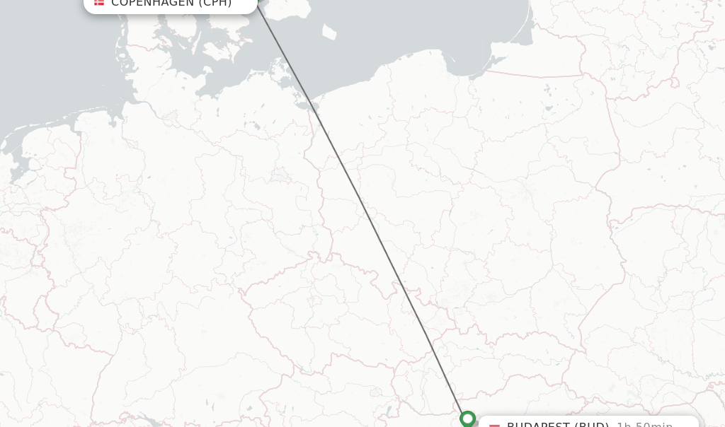 Flights from Copenhagen to Budapest route map