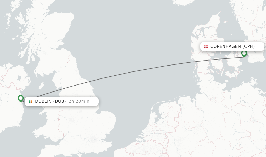 Flights from Copenhagen to Dublin route map