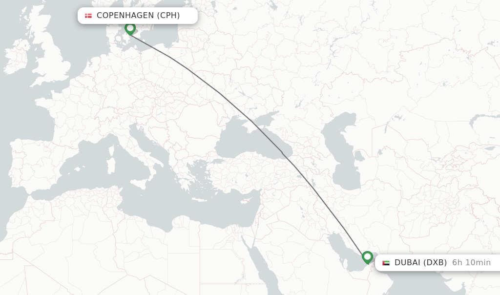 Flights from Copenhagen to Dubai route map