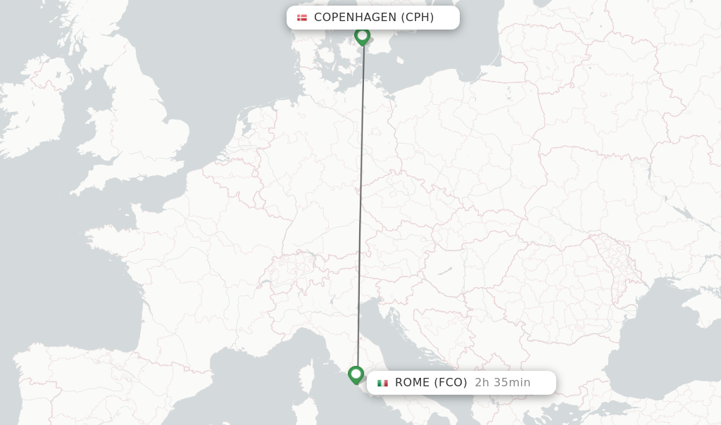 Flights from Copenhagen to Rome route map