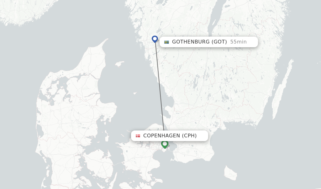 Flights from Copenhagen to Gothenburg route map