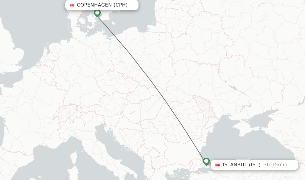 Flights from Copenhagen to Istanbul route map
