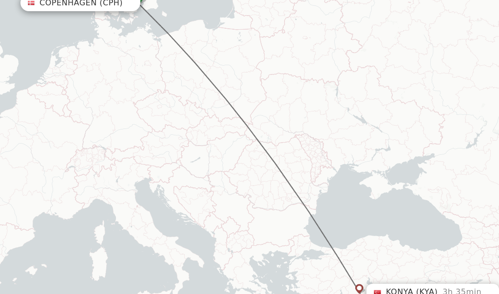 Flights from Copenhagen to Konya route map