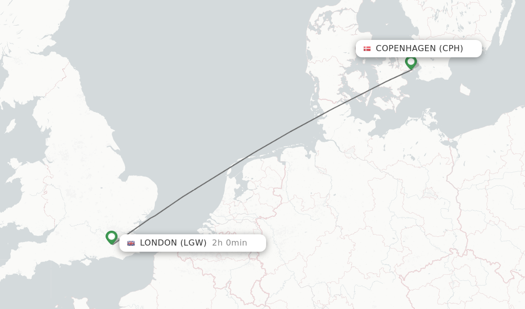 Flights from Copenhagen to London route map
