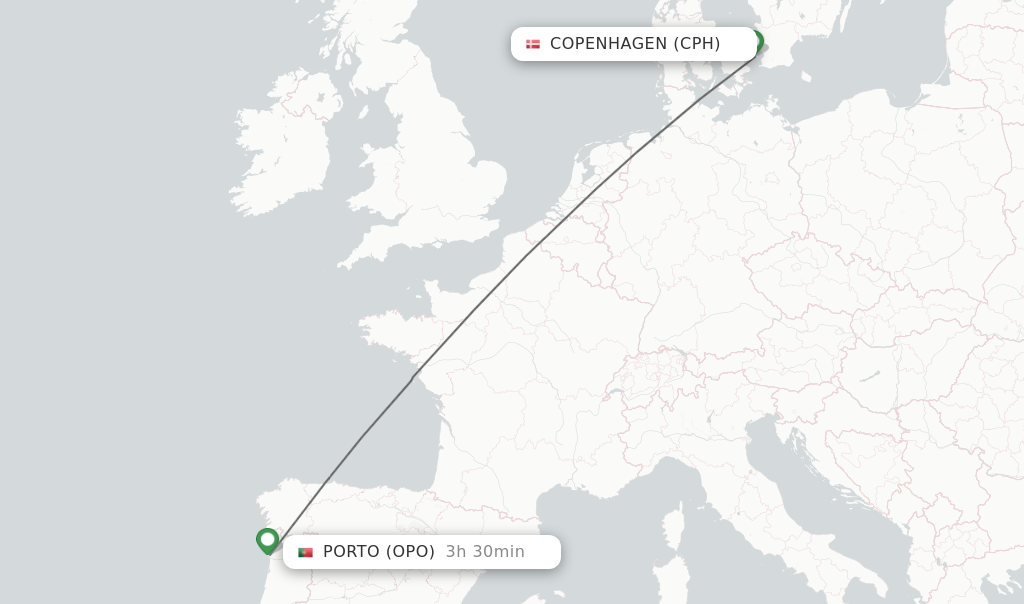 Flights from Copenhagen to Porto route map