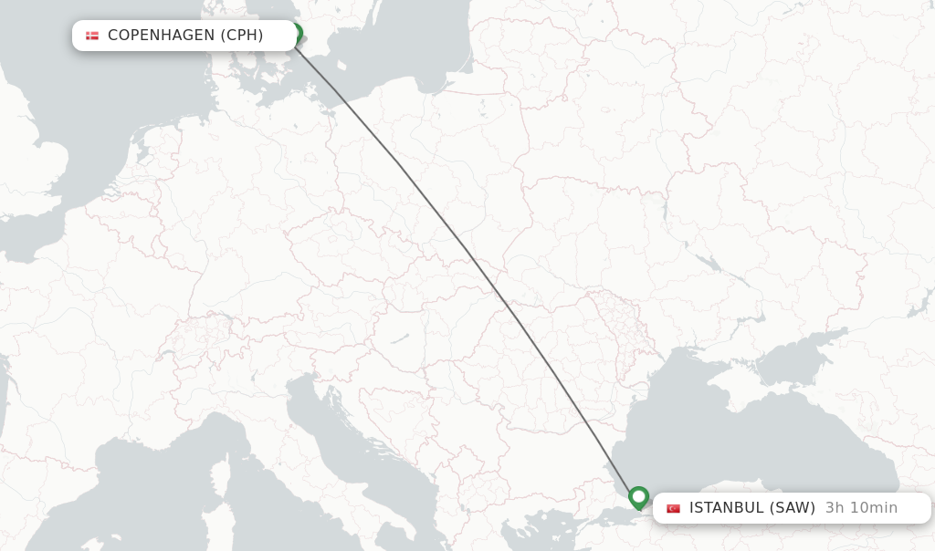 Flights from Copenhagen to Istanbul route map