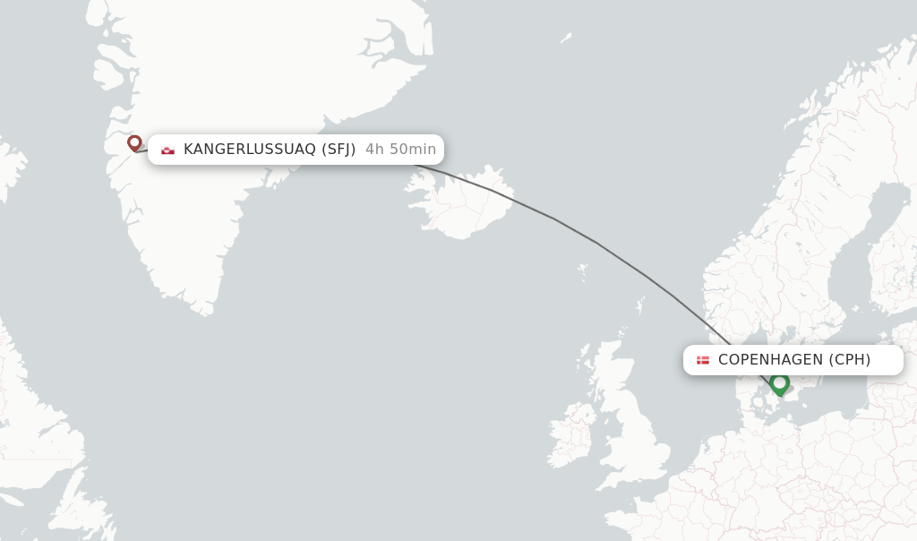 Flights from Copenhagen to Kangerlussuaq route map