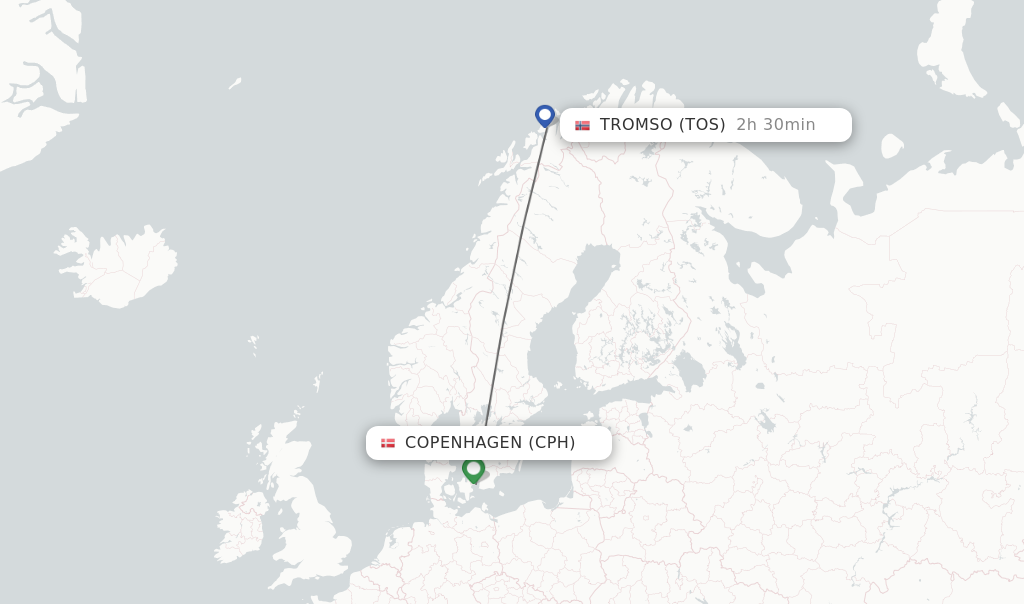 Flights from Copenhagen to Tromso route map