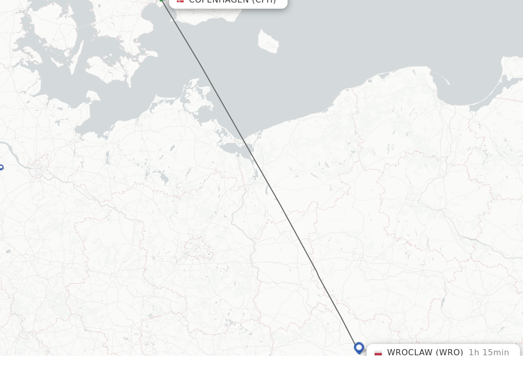 Flights from Wroclaw to Copenhagen route map