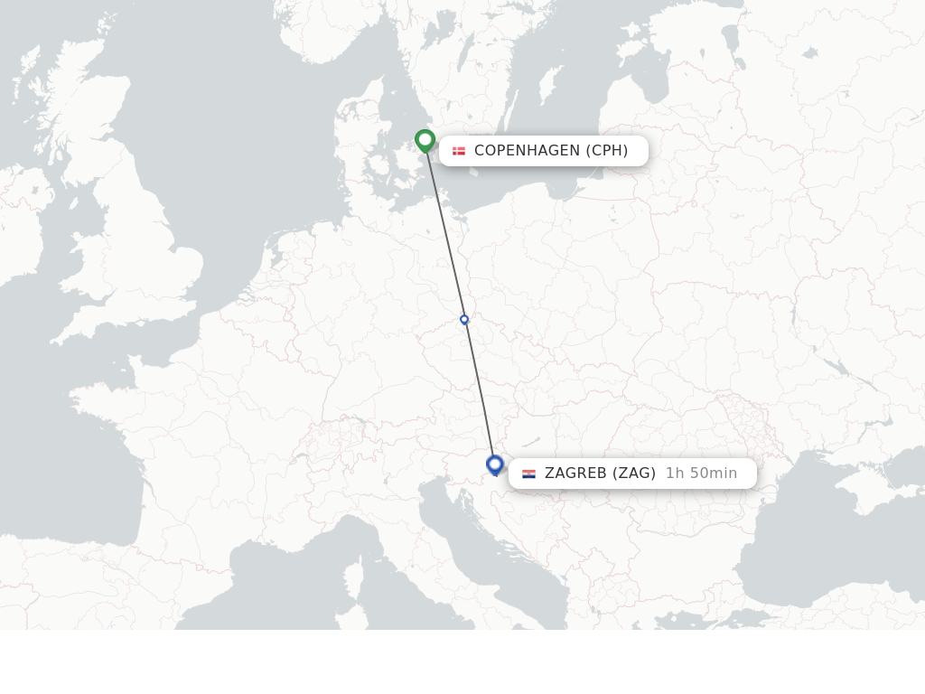 Flights from Copenhagen to Zagreb route map