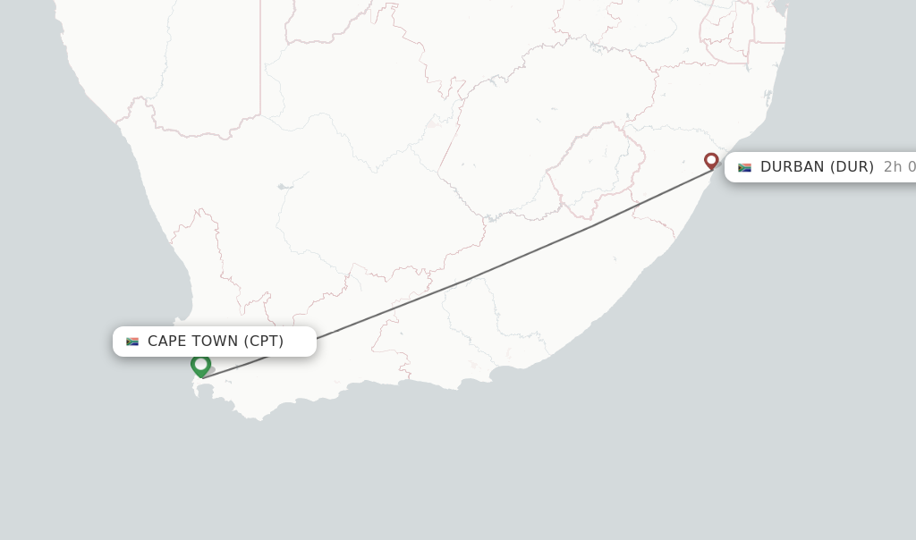 Flights from Cape Town to Durban route map