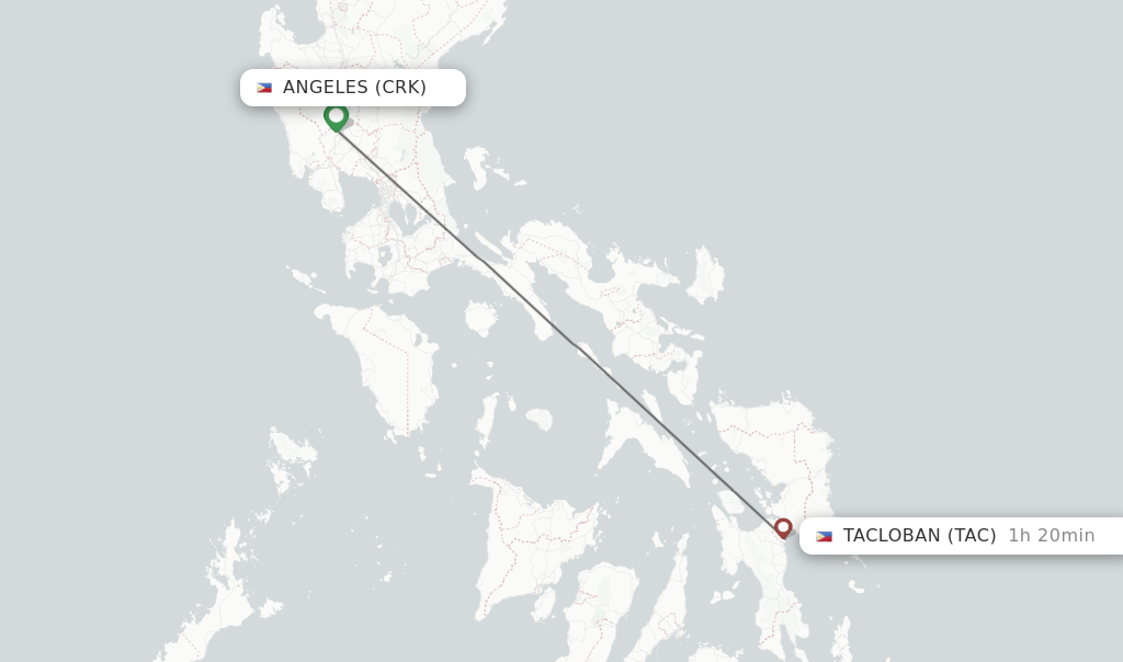 Flights from Angeles to Tacloban route map